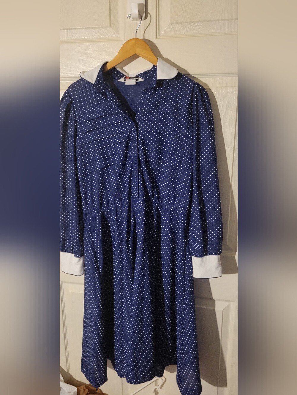 Polka Dot Navy Long-Sleeve Shirt Dress with White Collar and Cuffs Size 14